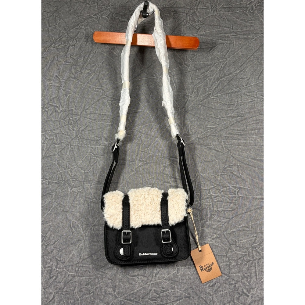 Dr. Martens Satchel Unisex 7" Black Cream Borg Faux Fur Leather Crossbody Bag